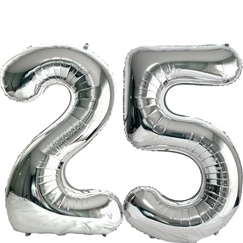 FIROMI 25 Number Balloons Silver Big Foil Mylar 52 Balloon Numbers 40-inch