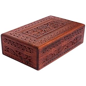ITOS365 Handmade Wooden Keepsake Storage Case Jewelry Box Jewel Organizer – Floral Hand Carvings with Brass Inlay – Gifts for Women, 8 x 5 Inches