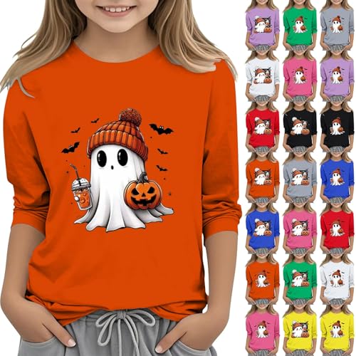 Boys Girls Halloween Shirt Kids Cute Ghost Graphic Tops 3/4 Sleeve Crewneck Shirts Cotton Athletic Letter Tee