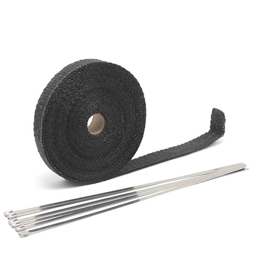 Benda Termica Per Scarico Marmitta Moto di Scarico Wrap Scudo Termico Nastro Isolamento Tubo In Fibra Vetro Con Fascette In Acciaio 5 cm * M/10 M/15 M(5cmx15m Black)