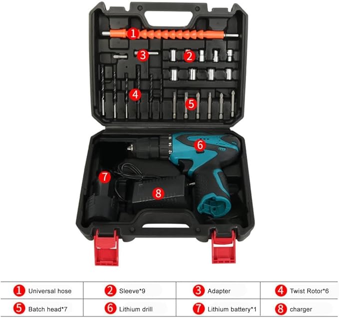 Taladro Inalámbrico Wmool 12V con Batería y Cargador, Set de Brocas miniatura 6