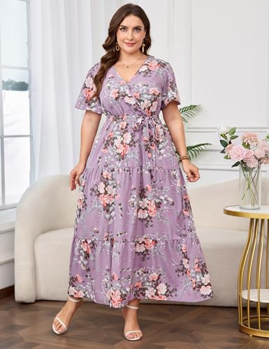 Image of ShopWonder Womens Plus Size V Neck Wrap Maxi Dress High Waist Ruffle Summer Casual Dress with Belt