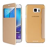PASONOMI Galaxy Note 5 Case, [Smart Window View] Samsung Galaxy Note 5 Folio Wallet Case - Slim Flip Leather Case for Samsung Galaxy Note 5 (View Series Golden)