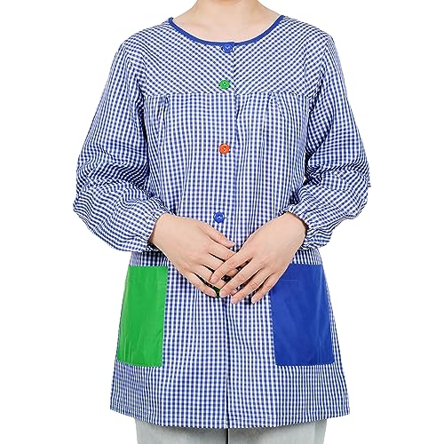 Bata Escolar Unisex - Babi Profesora Cuadros - Bata Maestra Manga Larga para Adulto - Azul L