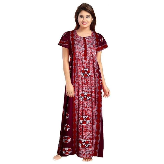 Image of NILOUFO Women's Cotton Printed Maxi Nighty - Pack of 2 | Soft Ankle-Length Sleepwear Gowns for Women | Free Size Night Dresses (Brown,Maroon, Free Size)