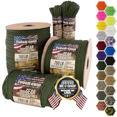 TOUGH-GRID PC50 340kg Paracord - 100% Nylon Militar Específico Tipo IV - Uso Militar, Camping, Manualidades, Hamacas, Emergencias - Verde Camuflaje