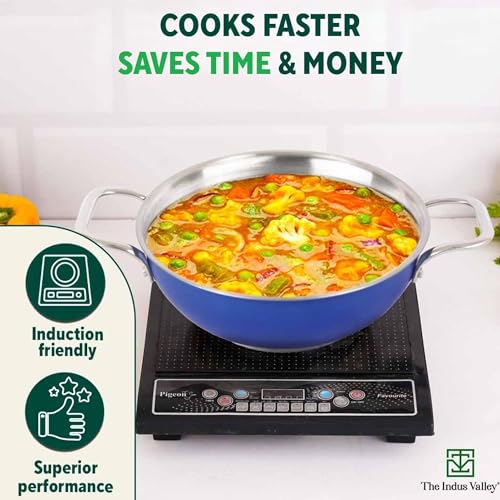 Image of The Indus Valley Coloured Stainless Steel Kadai with Steel Lid | Blue, Large, 28.8cm / 11.3 inch, 4.5Ltr, 1.2kg | Induction Friendly | Nonstick 3-Layer Bottom, 100% Toxin-Free, No Chemical Coating