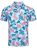 uideazone Men's Polo Shirts Hawaiian Turtle Time Print Slim Fit Golf Shirt Summer Breathable Sports