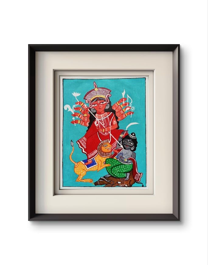 BHARAT ART BAZAAR | Triumph of the Divine: Durga as Mahishasuramardini (Handmade Painting) Beautiful Painting for your Home| 17.7" x 13.8"