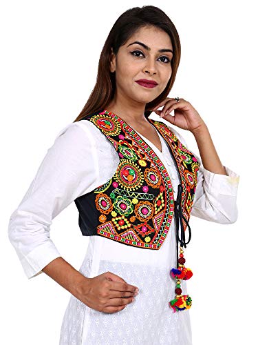 Image of Craft Trade Women's Cotton Embroidered Kutchi Jacket with Tassels Sleeveless Mirror Work
