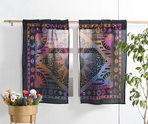 Popular Handicrafts KP1563 Indian Burning Sun Hippie Mandala Kitchen Window Curtains - Gypsy Tye Dye Bohemian Sun Moon Beautiful Drapery Bedroom Living Room Balcony Valance Panels Purple cover