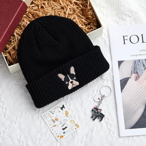Geyoga Französische Bulldogge Geschenk Strickmütze Wintermütze Beanie mit Aufgesticktem Französischen Hund und Kleiner Bulldogge Schlüsselanhänger für Hundeliebhaber Geburtstag Weihnachten(Schwarz)