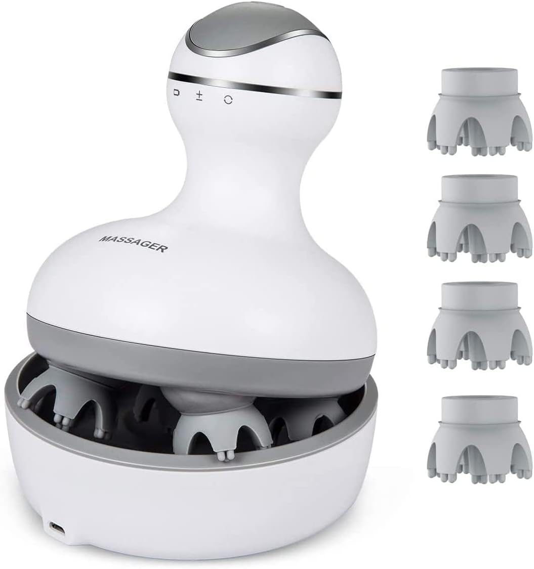 Scalp Massager with 4 Replacement Massage Heads Portable Head Scratcher with Tissue Kneading Nodes Gifts Idea Stress Release Massager for Muscles Shoulder Calf