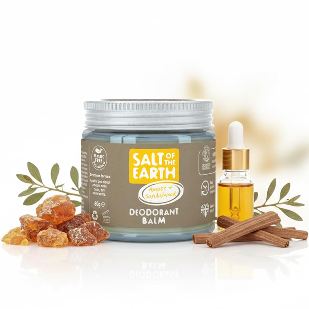 Salt of the Earth - Natural Vegan Deodorant Balm; Long Lasting Protection, Leaping Bunny Approved, Plastic & Aluminium Free - Amber & Sandalwood - 60g