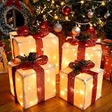 SANHSEHOME 10"-8"-7"-6" Set of 4 Christmas Lighted Gift Boxes, 70 LED Stackable Light Up Present Boxes for Christmas Decorations Indoor Outdoor Yard Lawn Porch Home Decor(Max. 10")