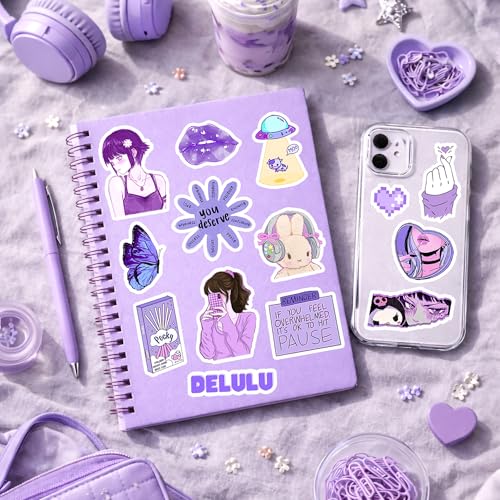 Image of Purple Aesthetic Sticker Pack (50+ Stickers) | Lavender & Lilac Vibes | Glossy Premium Vinyl | Waterproof, Scratch & Fade Resistant | Stickers for Laptop, Bottle, Phone Cover & Bike