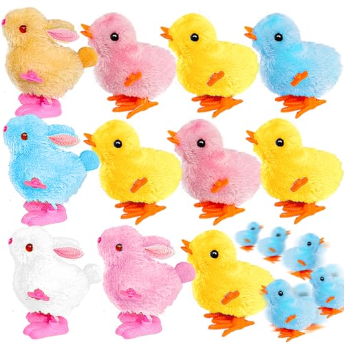 12 Pcs Wind Up Chicken Bunny Jumping Chicks Plush Hopping Rabbits Wind-Up Toy for Kids Toddlers Easter Birthday Gifts Party Favors