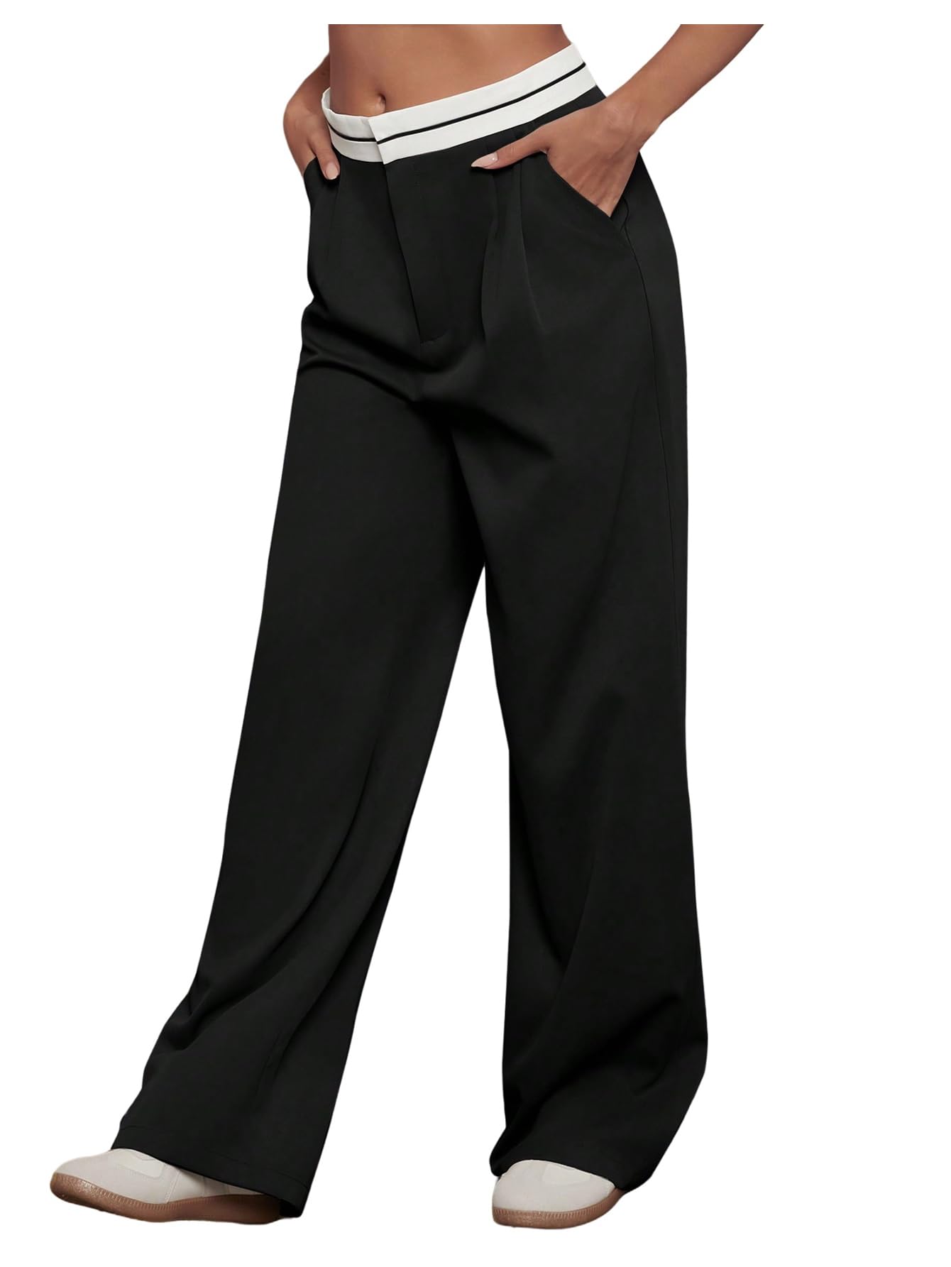 Floerns Womens Straight Leg Dressy Pants Color Block Mid Rise Trousers with Pocket