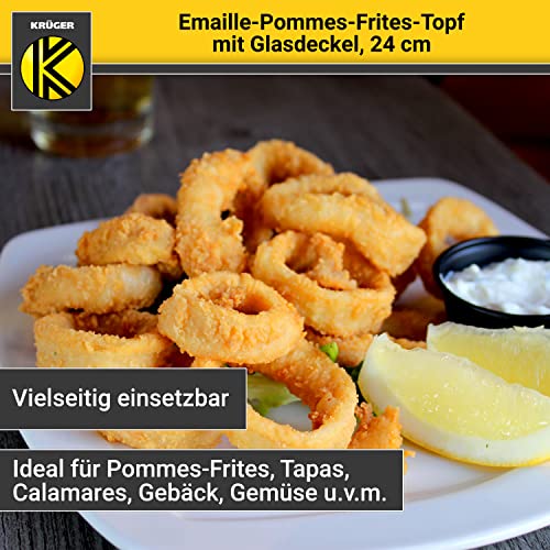 Krüger Emaille-Pommes-Frites-Topf mit Chromrand, Siebeinsatz und Aufliege-Glasdeckel - 24cm - perfekte Wärmeleitung - Topf zum Frittieren von Pommes-Frites, Calamares, etc. – Bild 4