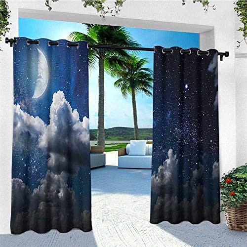 Clouds, Outdoor Curtain Wall, Celestial Solar Night Scene Stars Moon and Clouds Heaven Place in Cosmos Theme, Outdoor Curtain Set for Patio Waterproof W84 x L96 Inch Dark Blue White