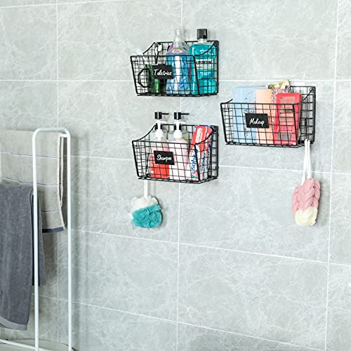 Wall Mounted Bin Basket With 5 Hooks 3 Label Plate Adhesive-3 Pack, Cabinet Hanging Metal Wire Basket,Rustic Farmhouse Decor, Storage Organization Shelf For Pantry Kitchen Bathroom 10.6*7.5*5.1Inch #TOP1