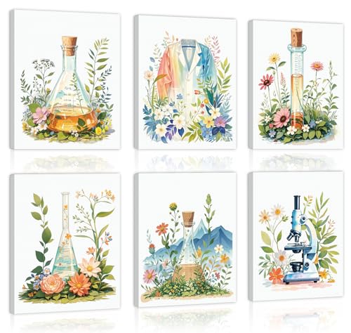 Image of CHDITB Botanical Science Canvas Wall Art, Watercolor Floral Laboratory Prints, Chemistry Wall Decor, Boho Wildflower Lab Poster, Nature Aesthetic Artwork For Classroom School Office Decor 12 inchX16 inchX6