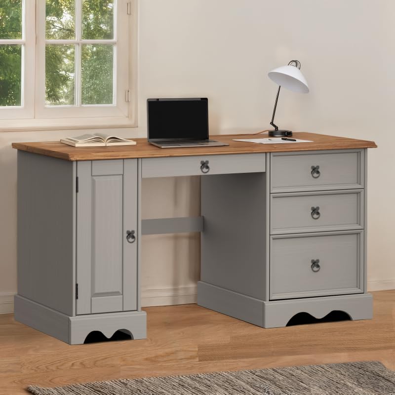 Mercers Furniture Corona Grey Computer Desk Straight Dressing Table Office Workstation Solid Wood Mexican Pine Wooden Large Long Shabby Chic 74cm High 145cm Wide 48cm Deep