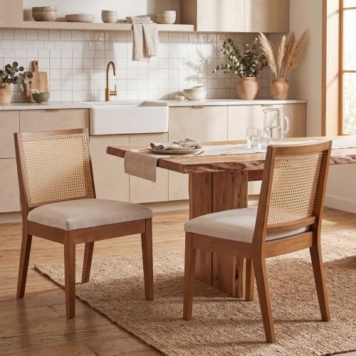 Image of HNY Farmhouse Rattan Dining Chairs Set of 2, Walnut Solid Hardwood Frame, Upholstered Linen Seat, Ergonomic Cane Back Dining Room Chairs for Kitchen, Dining Room, Apartment, Beige