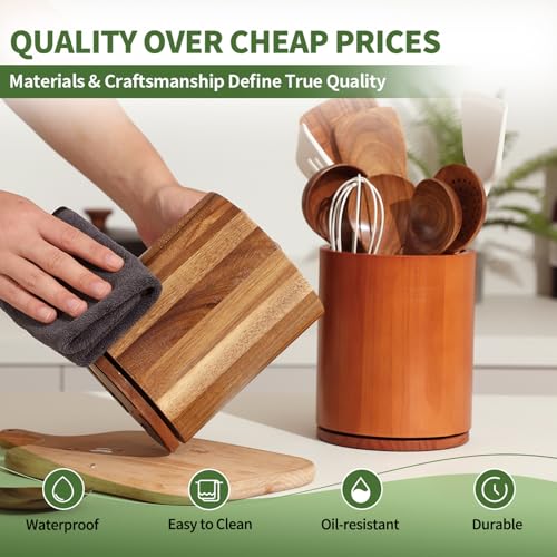 Image of Wooden Utensil Holder, 360Rotating 7.3'' Large Utensil Holder for Kitchen Counter, Kitchen Utensil Organizer, Utensil Crock, Farmhouse Kitchens Countertop Decor, Acacia Wood