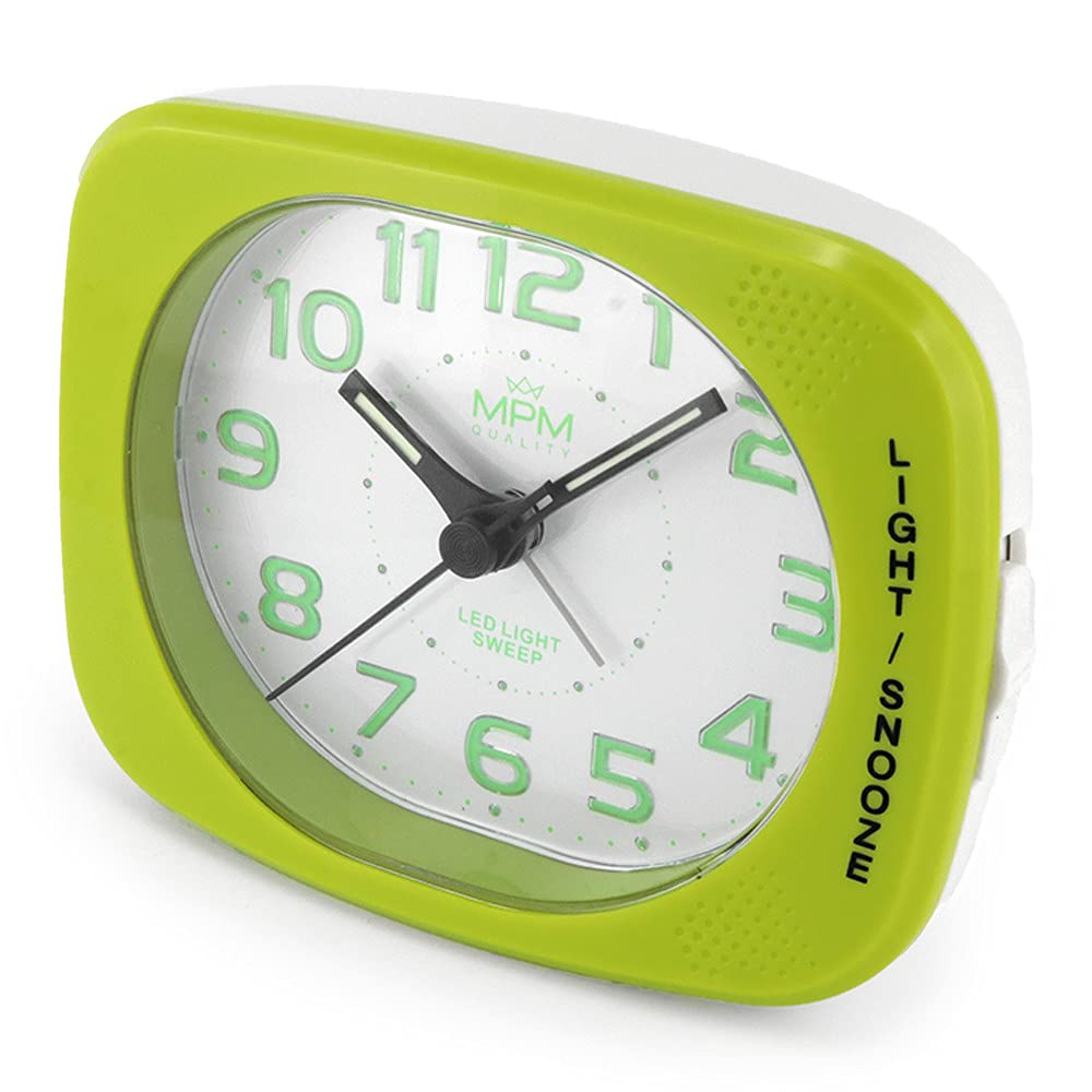 MPM Sveglia a mano in plastica dai colori vivaci con allarme ripetuto e rinforzato. Funzionamento silenzioso, LED, al quarzo, silenzioso, 1 batteria stilo AA, 102 x 78 x 42 mm, plastica