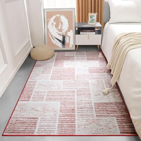 Machine Washable Livingroom Rug, Ultra Soft Area Rug 4x6, Non Slip Abstract Modern Rug Foldable, Geometric Indoor Floor Rug Bedside Carpet for Bedroom Dorm, Office, Study (Red) Cover