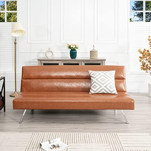 Naomi Home Zoe Futon Sofa Bed Faux Leather Futon Couch Modern Convertible Folding Sofa Bed Couch with Chrome Legs, Reclining Mini Couch, Leather Futon Small Couch for Bedroom Living Room Caramel