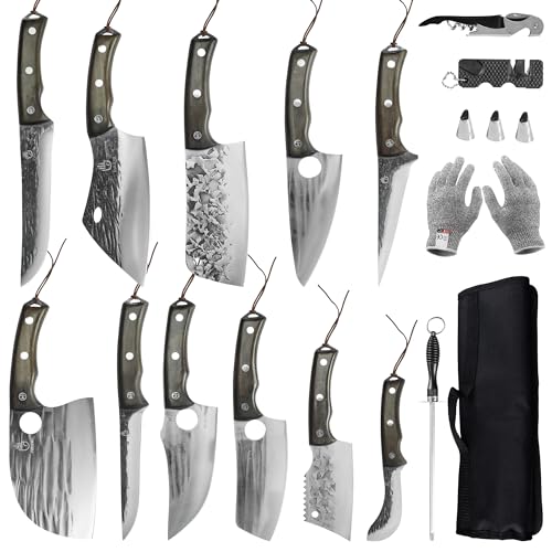 FULLHI 17pcs Butcher Chef Knife Set include sheath High Carbon Steel Cleaver Kitchen Knife Whole Tang Vegetable Cleaver Home BBQ Camping with Knife Bag FULLHI 17pcs Butcher Chef Knife Set include sheath High Carbon Steel Cleaver Kitchen Knife Whole Tang Vegetable Cleaver Home BBQ Camping with Knife Bag