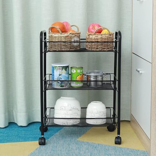 Image of Sulfar 3 Layer Multi Purpose Stainless Steel Rotating Kitchen Trolley Space-Saving Fruits Vegetables Storage Rack Organizer (Black)