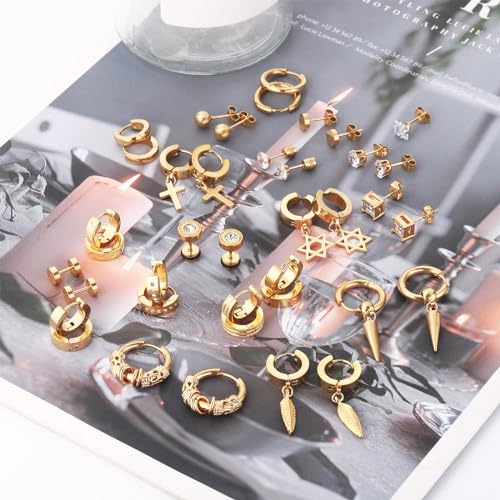 20 Pairs Stainless Steel Stud Earrings for Men Hypoallergenic Earring Unisex Punk Earring Hoop Hinged Dangle Cross Earrings for Men Women4