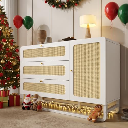 EMKK Kommode Schrank Rattan, Sideboard mit 3 Schubladen und...