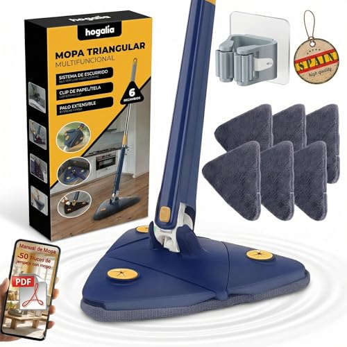 Mopa Triangular Giratoria 360 Autoescurrible de Microfibra, Mopa para Limpiar Azulejos y Paredes, Colgador, 6 Recambios, Manual y Trucos. Fregona Autoescurrible, Suelos, Techos y Ventanas