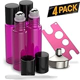 4 Pack - Essential Oil Roller Bottles [Metal Chrome Roller Ball] FREE Plastic Pippette, Funnel and Bottle Opener Refillable Glass Color Roll On for Fragrance Essential Oil - 10 ml 1/3 oz (Purple)