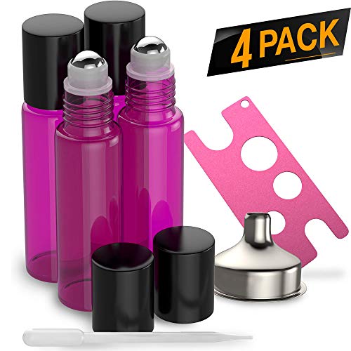 4 Pack - Essential Oil Roller Bottles [Metal Chrome Roller Ball] FREE Plastic Pippette, Funnel and Bottle Opener Refillable Glass Color Roll On for Fragrance Essential Oil - 10 ml 1/3 oz (Purple)
