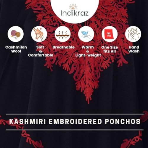 Image of Premium Women's Kashmiri hand embroidery floral woollen poncho Indian cape wrap shrug Free size