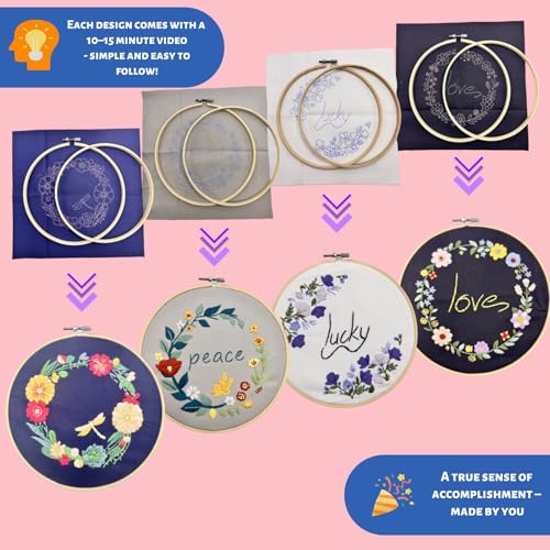 Image of Speedura 4-Set Embroidery Kit for Beginners - Easy Needlepoint Starter Kit for Adults to Learn Hand Embroidery with Stamped Designs, Cross Stitch Patterns, and Fun DIY Projects (Floral Inspiration)