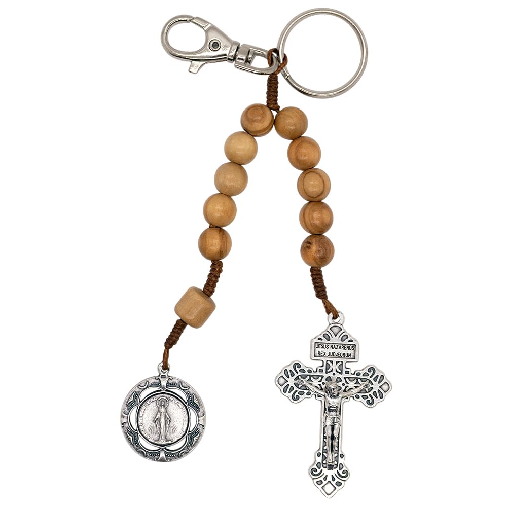 Decade Rosary Keychain with Belt Loop Clip | Wooden Hail Mary Beads, Pardon Cross, and Our Lady of Grace Medal | Great Catholic Gift for Confirmation, Brown, Medium