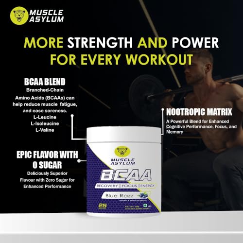 Muscle Asylum Bcaa Powder – 0g Sugar Pre/Post & Intra Workout Muscle Recovery Drink with Amino Acids (Blue razz) - 3g of BCAAs With Nootropics Matrix for Men & Women – (25 Servings)