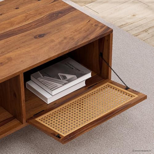 Image of Bhawo Solid Sheesham Wood Coffee Table & Center Table for Living Room with Rattan Cane Lift-Down Shutter & Open Shelf, Solid Wooden Teapoy for Sofa with Storage (Honey Finish)