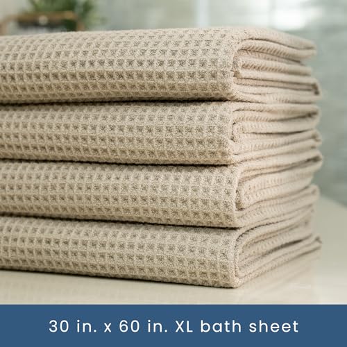 S&T INC. Bath Towels, Premium Towels for Bathroom, Extra Large, Absorbent Microfiber for Home, Yoga, and Gym, Waffle Weave, 30 Inches x 60 Inches, 4 Pack, Beige