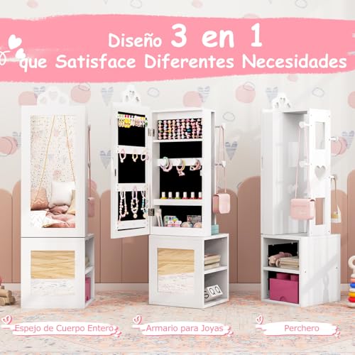 Armario para joyas infantil de pie 3 en 1 con espejo perchero blanco 6