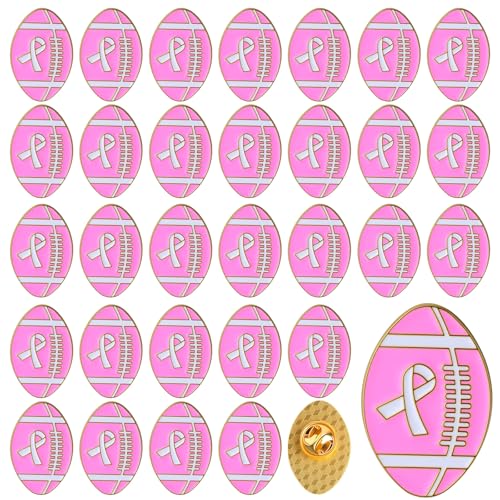 30 Pcs Pink Ribbon Football Breast Cancer Awareness Metal Lapel Brooch Pins for Football Team Women Survivor Public Events Charity Fundraising Gifts Jewelry Backpacks Hats Bags Bulk