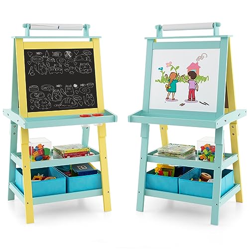 GOPLUS Caballete para Niños 3 en 1 de Doble Cara, Pizarra Magnética de Dibujo Infantil con Rollo de Papel y Cajas de Almacenamiento, Cuadro de Pintura Multifuncional, 42,5×56,5×117 cm (Verde)
