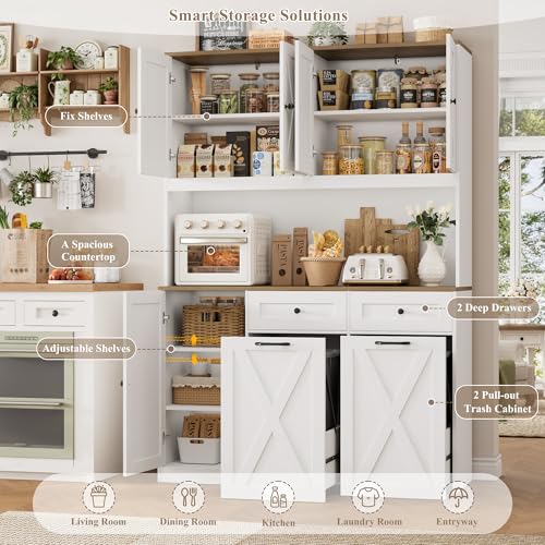 HOSTACK 71"H Kitchen Trash Can Cabinet, 12.5 Gallon Double Pull Out Garbage Can Hutch Cabinet with Trash Bin Storage Holders, 47" Wide Kitchen Pantry with Hidden Garbage Storage for Dining Room, White - Image 5