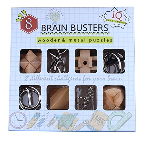 Ameego wooden & Metal Puzzle Brain Teasers IQ trainer 8 Different Challenges Difficult Unlock Interlock 3D Metal Wire Wood Magic Trick Educational Intelligence Jigsaw Puzzles for Kids & Adults